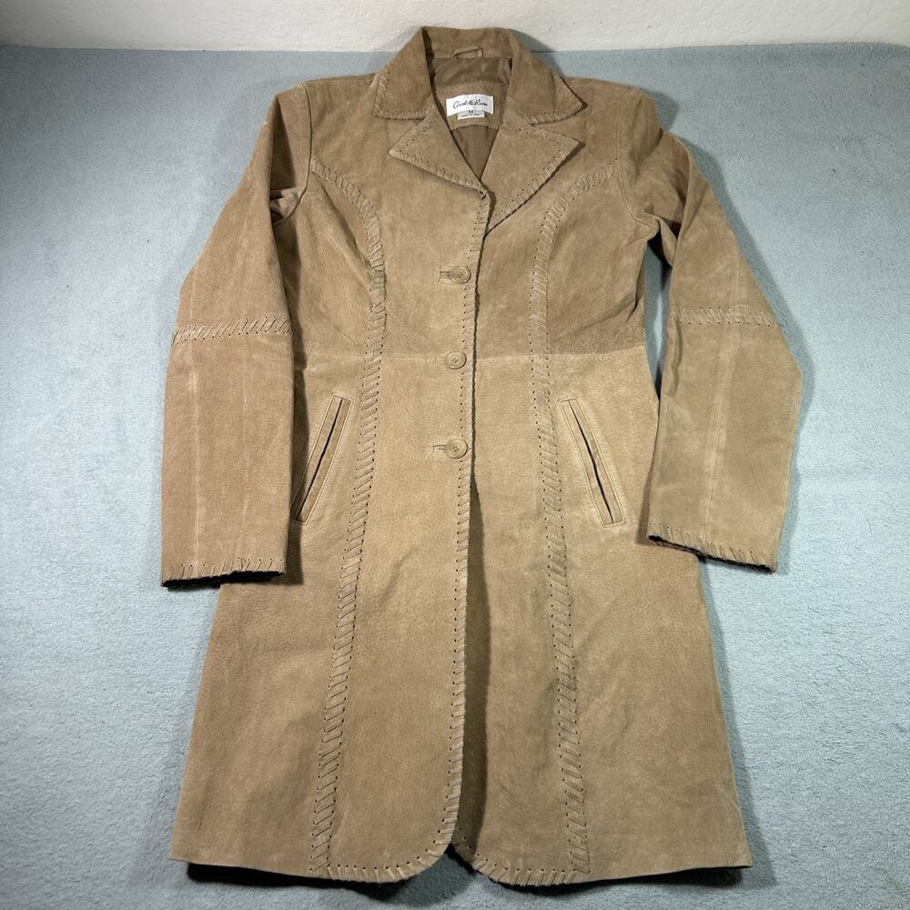 Vintage Strap Patchwork Hoban Leather Suede Trench Coat Womens Medium 36.5" Tall